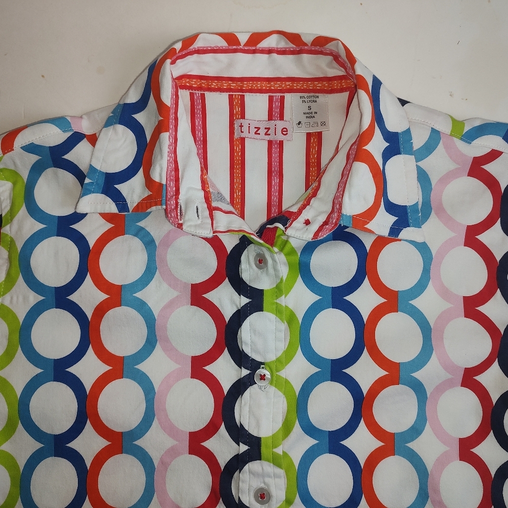 Tizzie Shirt Buttons Long Sleeve Cotton Stretch Top White Pink Blue Polka Dot S
